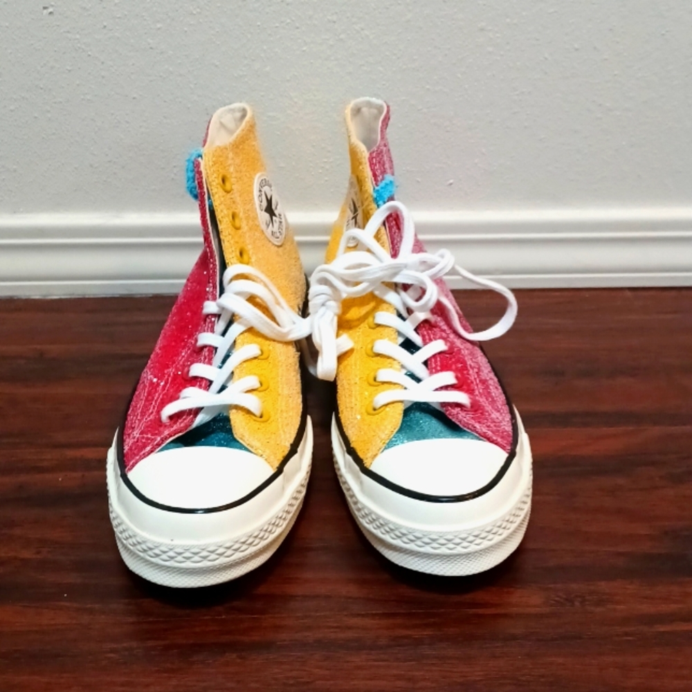 NWOT Size 9 glittered and sequened Converse, colored blue, red, yellow, white